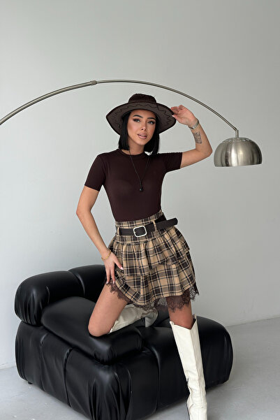 MOZENA Lace Detail Plaid Patterned Mini Skirt