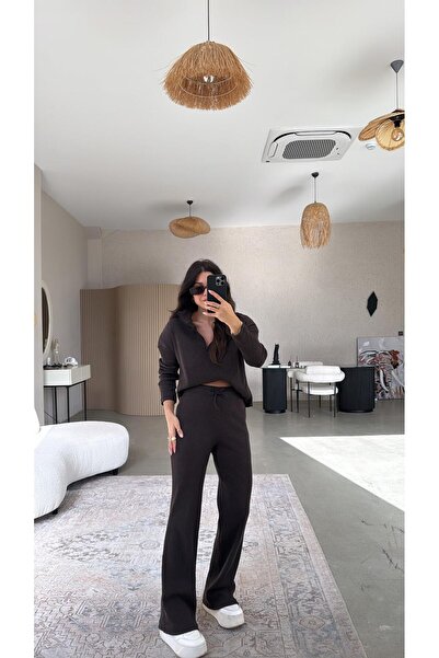 Buket Teke Dark Brown Half-Zip Ribbed Basic Set