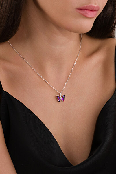 carrot silver SEVGİLİLER GÜNÜ HEDİYESİ 925 AYAR AMATİST TAŞLI KELEBEK KOLYE -...