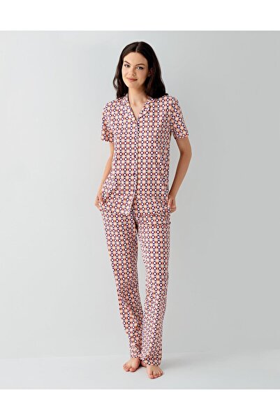 Arnetta Women's Patterned Buttoned Shirt Collar Pajama Set – 50% Cotton 50% M...