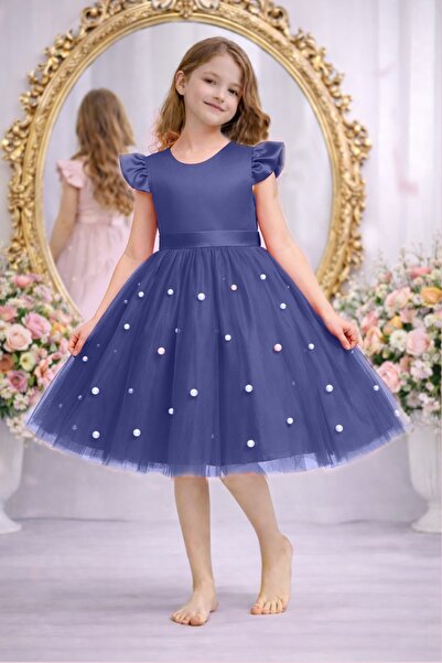 SUNEH Κοριτσίστικο φόρεμα με βολάν σε μπλε ναυτικό χρώμα, σατέν με πέρλες, φό...