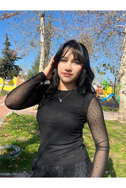 KAROL Taşlı Transparan Uzun Kollu Kadın Bluz