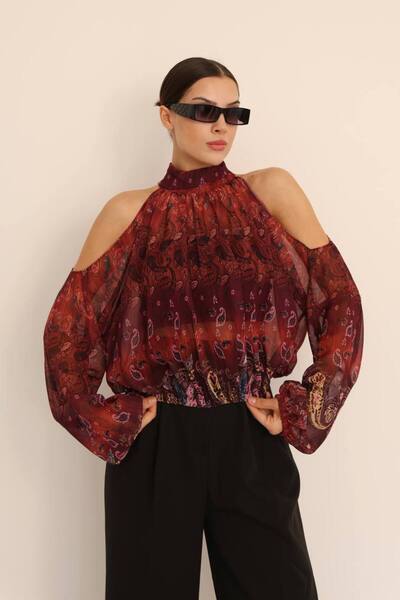 Safgiyim44 Shoulder Open Patterned Chiffon Women's Blouse