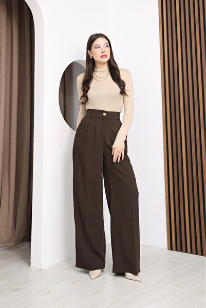 FEMİNEER.com Brown Gold Buttoned Palazzo Trousers