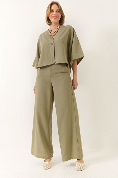 Hiccup Linen Palazzo kimono pants set with V-neck and lilac sleeves, Bianco L...