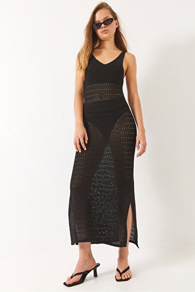 Hiccup Bianco Lucci dress with V-neck, slits and openwork embroidery