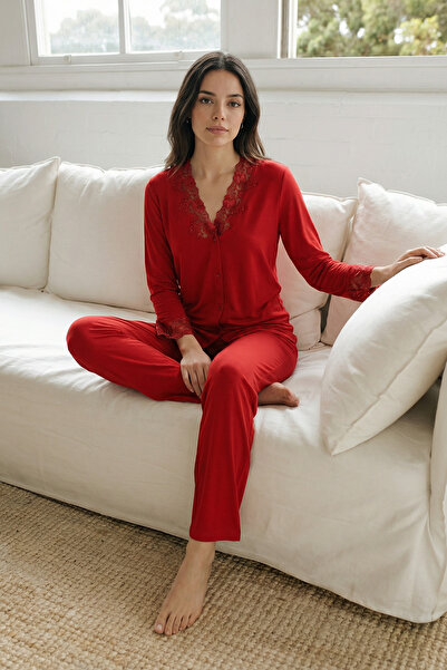 Espuar 746 Women's Lace Detailed Front Buttoned Long Sleeve Bottom Top Pajama...