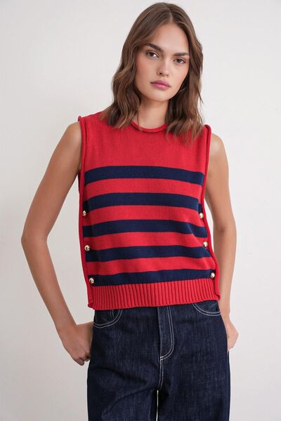 Hiccup MIXRAY Striped Knit Top with Button Detail