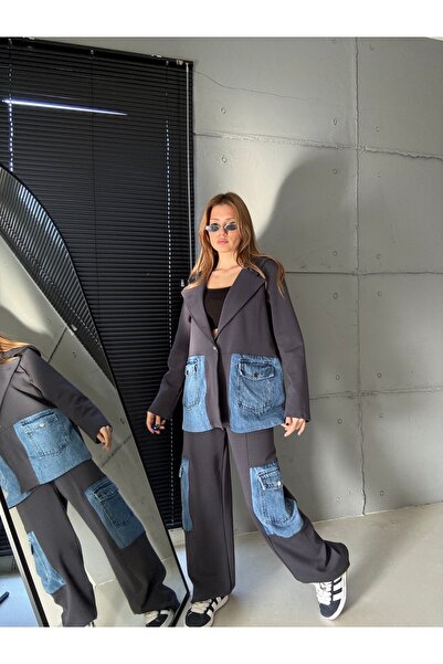 Mucha KADIN DOUBLE FACE KUMAŞ GERÇEK KOT DETAY UZUN İKİLİ TAKIM