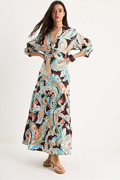 Hiccup Long poplin dress with ethnic pattern, V-neck and smocked back, Bianco...