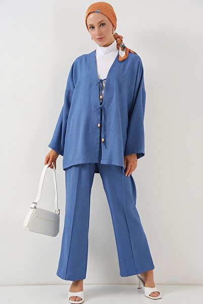 Hiccup Set cardigan cu detalii din amestec de in și pantaloni largi cu detali...