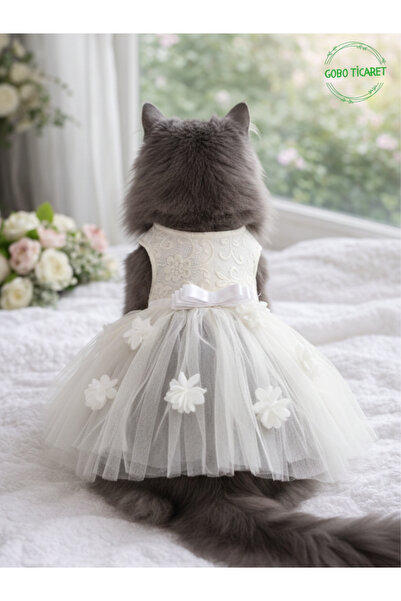 Gobo Çiçek Detaylı Fiyonklu ve Lüks Dantel İşlemeli Prenses Kedi Köpek Elbise...