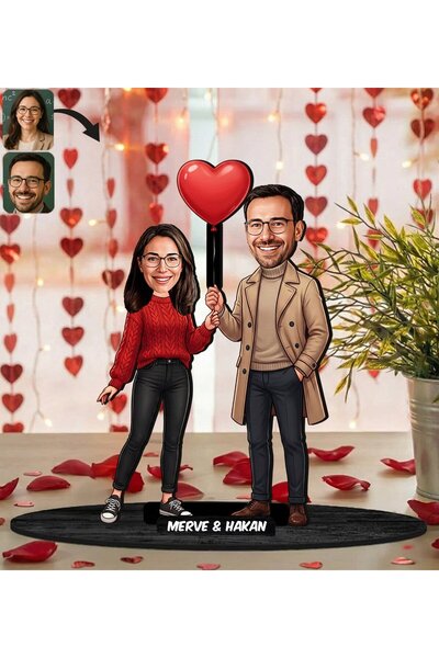 Bk Gift Kişiye Özel Sevgili Karikatürlü Ahşap Biblo -9, Fotoğraftan Karikatür...