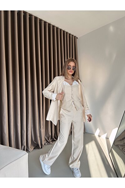 xtop Vatka Detaylı Ceket Askılı Yelek Lastikli Yüksek Bel Palazzo Pantolon Üç...