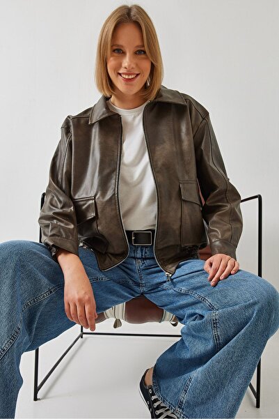 Hiccup Jachetă din piele uzată cu guler de cămașă Bianco Lucci