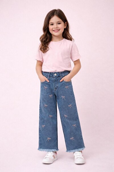 ÇALIŞKAN MODA Bow Embroidered Wide-Leg, Palazzo, Girls' Jeans