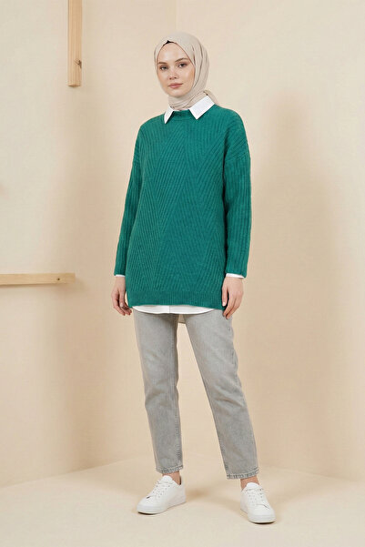 Kirazgym Women's Diamond Patterned Knitwear Tunic Knitted Sweater - Emerald