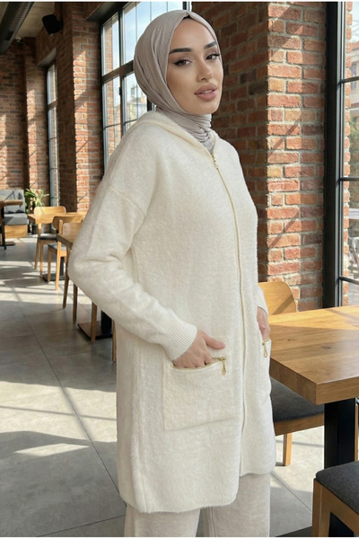 azragül giyim Çift Cepli Kapüşonlu Sakallı Tesettür Triko Hırka