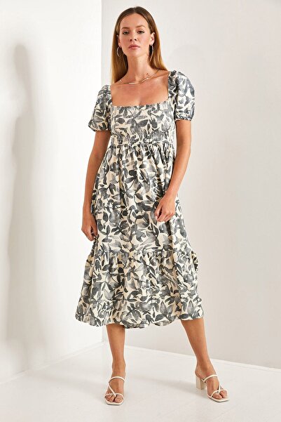 Hiccup Multi-patterned flared dress with square neckline and ruffles, Bianco ...