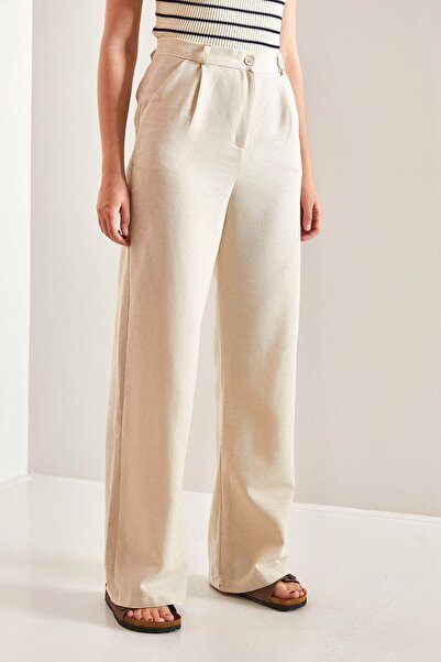 Hiccup Pantaloni Palazzo din in cu talie înaltă și detalii plisate Bianco Lucci