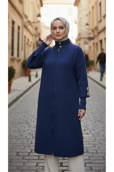 azragül giyim Bearded Soft Knitwear Cardigan with Gold Button Detail