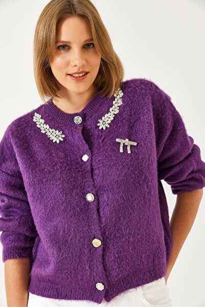 Hiccup Cardigan tricotat din fleece cu guler decorat Bianco Lucci