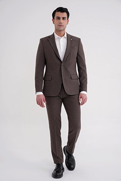 Efor Slim Fit Çift Yırtmaç Gofre Kumaş Esnek Kahverengi Spor Takım Elbise TK 940