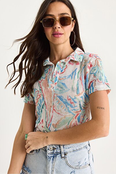 Hiccup Bluză de vară tricotată cu imprimeu digital, cu guler polo, Bianco Lucci