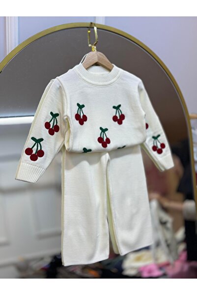 ArdenKids 2-8 Yaş Kiraz Panç Detay Kazak & Ekru Triko Pantolon Takım