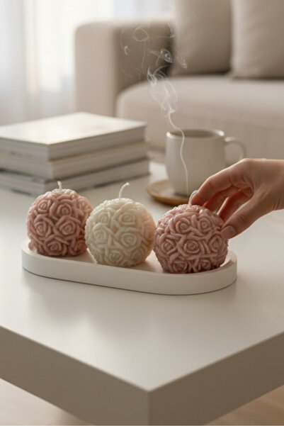 Natura Home Decor 3’lü Gül Desenli Dekoratif Mum