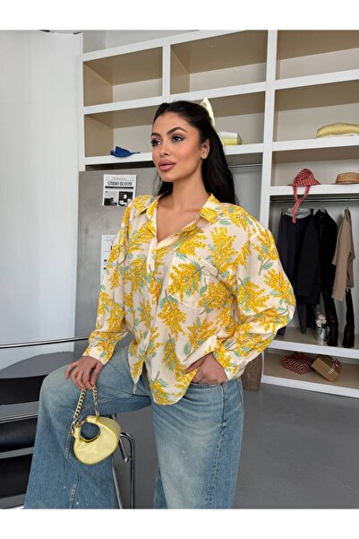 Lady Pixie Single Pocket Floral Pattern Oversized Shirt