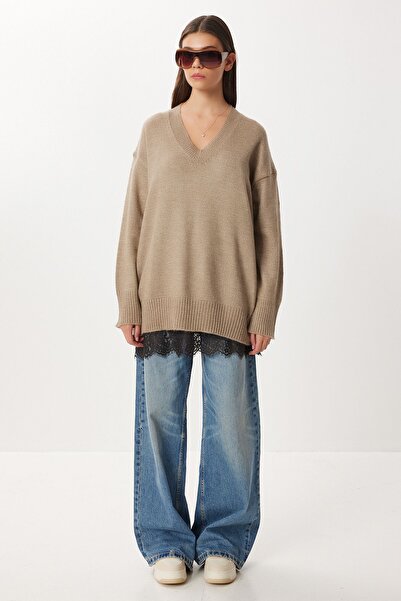 Hiccup Pulover tricotat cu nervuri, cu decolteu în V, supradimensionat, ISTANBUL