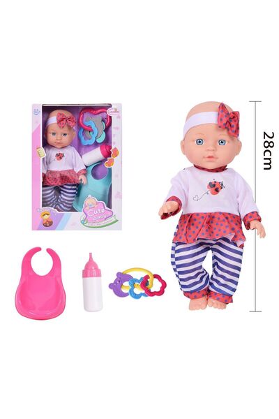 trendyhome Bebelus de jucarie, cu hainute, biberon si jucarii zornaitoare, pl...