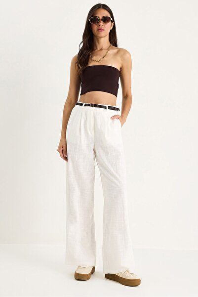 Hiccup Bianco Lucci linen Palazzo Pants with straw belt and pocket details