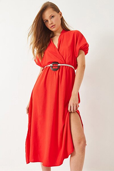 Hiccup Rochie Bianco Lucci cu mânecă scurtă, decolteu înfășurat, cu curea și ...