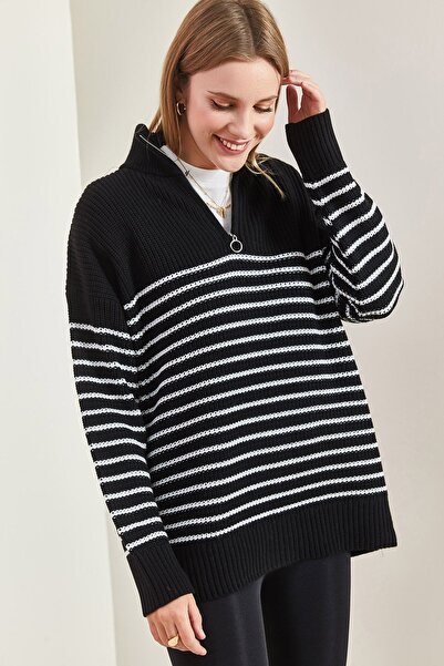 Hiccup Bianco Lucci high-neck striped zip-up knitted sweater