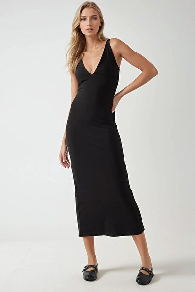 Hiccup Slim Fit V Yaka Basic Midi Elbise