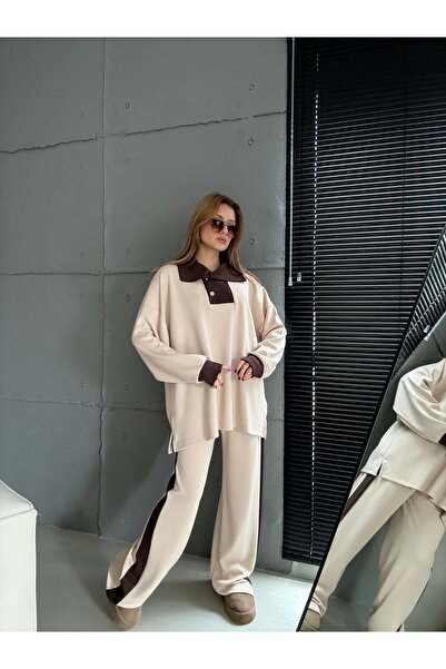 Mucha KADIN MODAL KUMAŞ UZUN YAKA DETAY İKİLİ TAKIM BLOK RENK