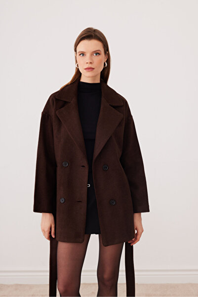 SevdeUgur Women's Brown Oversize Short Cashmere Coat with Belt and Lining - S...