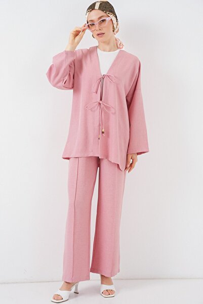 Hiccup Set cardigan cu detalii din amestec de in și pantaloni largi cu detali...