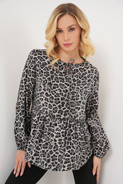 Hiccup Bdart Printed Siphon Long Sleeve Blouse with Tie Detail
