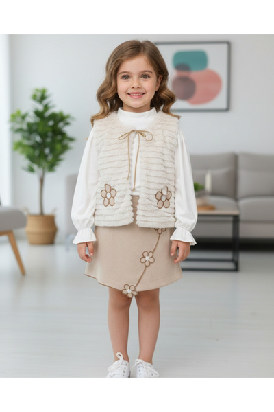 Asliva fashion Girl's Winter Short Set with Cream Color Fur Vest and Floral D...
