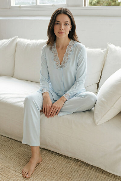 Espuar 746 Women's Lace Detailed Front Buttoned Long Sleeve Bottom Top Pajama...