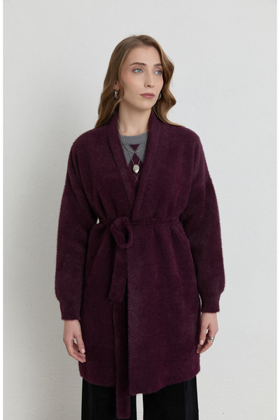 Fatma Atasoy Bağlamalı Mürdüm Yumoş Triko Hırka