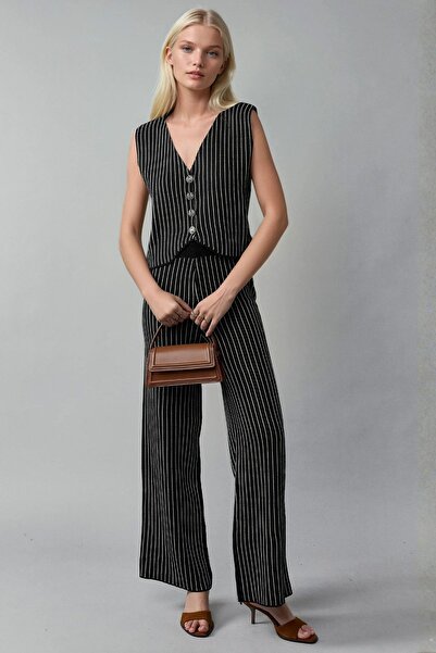 Hiccup MY FASHION Set Coordonat Din Tricot Dungat Cu Vestă Cu Decolteu În V Ș...