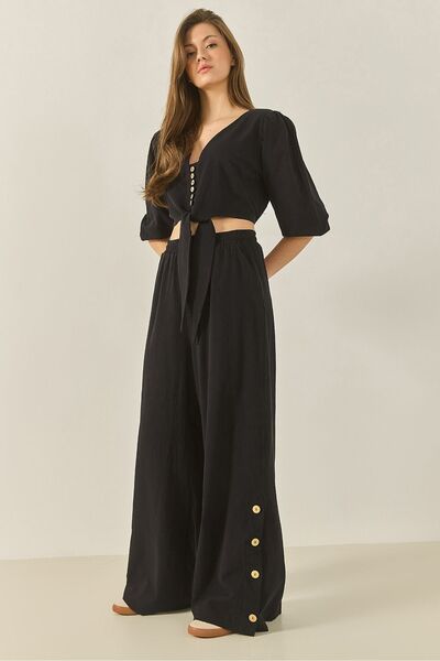 Hiccup Bianco Lucci two-piece set for blouse with tie detail, pants with line...