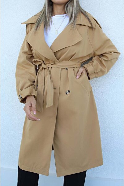 My Blog Camel Sleeves Rubber Detail Trench Coat