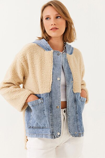 Hiccup Jachetă din blană artificială cu glugă Bianco Lucci și detalii din denim