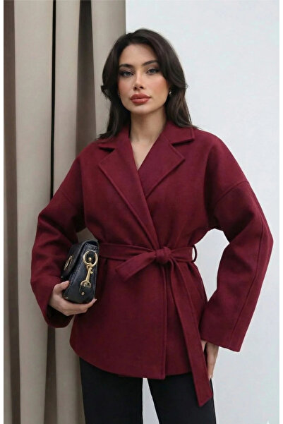 bysoca Women's Burgundy Belted Shawl Collar Oversize Low Shoulder Short Cashm...