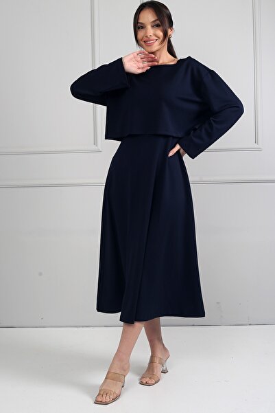 By Saygı Women's Long Sleeve Crop Dress with Straps Double Set